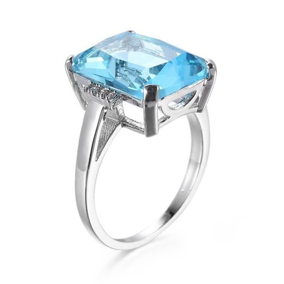 Jewelry ring engagement promise blue emerald rectangle center 925 sterling - Picture 3 of 4